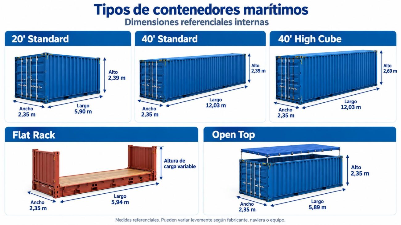 Tipos de contenedores marítimos: 20' Standard, 40' Standard, 40' High Cube, Flat Rack y Open Top con dimensiones referenciales